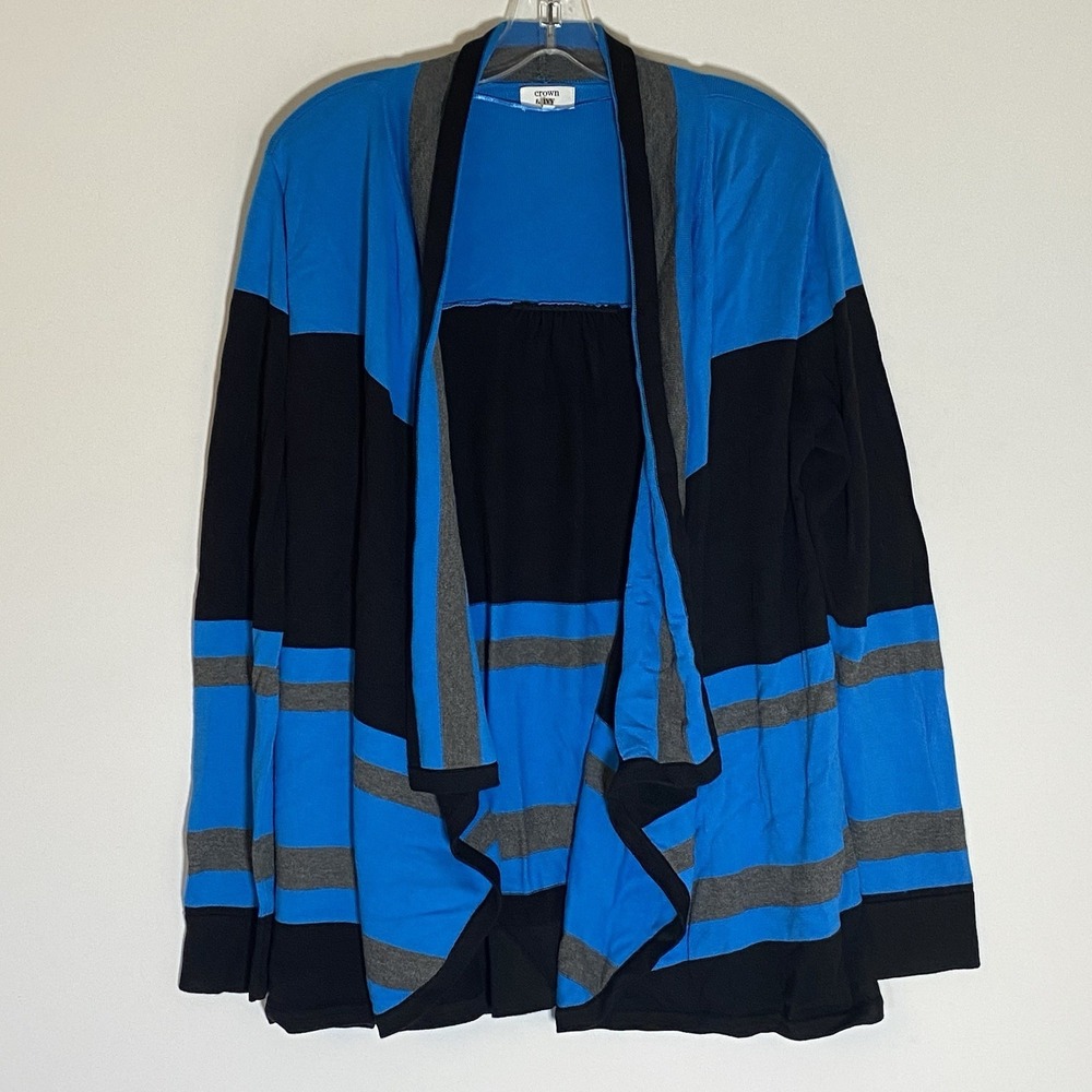 Crown & Ivy Sweater Womens Medium Blue Black Gray Stripe Open Front Long Sleeve